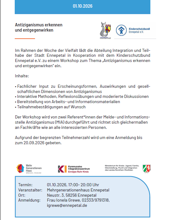 Info-Abend zum Thema Antiziganismus am 1. Oktober im Mehrgenerationen-Haus